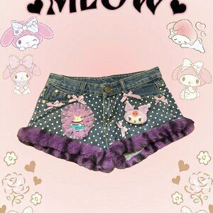 Purple fuzzy shorts with polka dots, ribbon bows, and My Melody and Hello Kitty